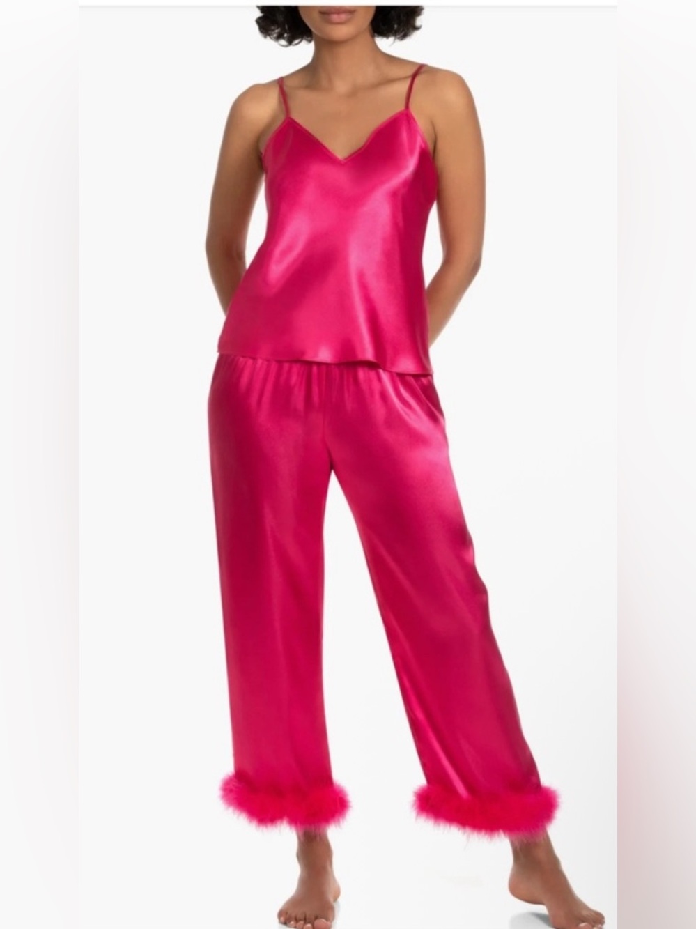 Silky Hot Pink Satin Cami & Feather-Trim Pajama Set